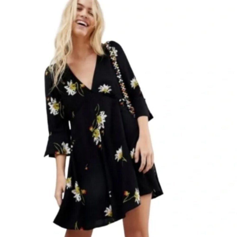 Free People Time On My Side Black Floral Wrap Dress S